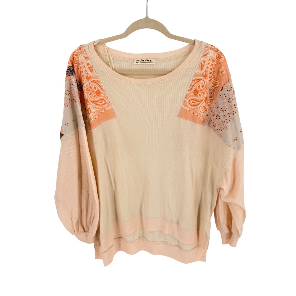 We The Free Top Small Boho Paisley Eyelet Ribbed Mixed Media Patchwork Pastel
